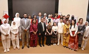 Director of Political and Press Office, Li Haoteng, addresses participants during the Confucius Day Celebrations and Mid-Autumn Festival commemorations organized by the Confucius Institute at the University of Sargodha.
