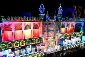 An illuminated view of Jamia Masjid Shah Inayat Qadri (Oonchi Masjid) decorated with colorful lights in connection with Eid Milad-un-Nabi (SAWW) Celebrations