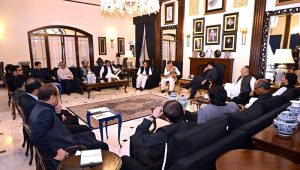 Sindh Chief Minister Syed Murad Ali Shah in a meeting with Federal Minister for Railways Hanif Abbasi at CM House