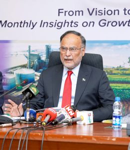 Federal Minister for Planning, Ahsan Iqbal, briefing the media at the launch of the Monthly Development Report.