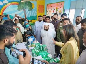 Chairman Senate Yusuf Raza Gilani addressing to media persons after reviewing facilities during his visit to a flood relief camp.