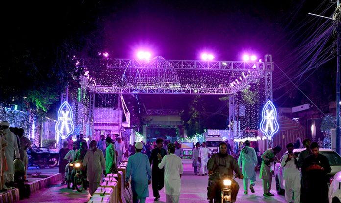 A beautifully illuminated street decorated with colorful lights ahead of 12th Rabi-ul-Awwal, Eid Milad-un-Nabi (SAWW) celebrations