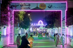 A beautifully illuminated street decorated with colorful lights ahead of 12th Rabi-ul-Awwal, Eid Milad-un-Nabi (SAWW) celebrations