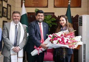 Sindh Governor Kamran Tessori exchanging views with US Charge d’affaires Ms. Natalie Ashton during meeting at Governor House.
