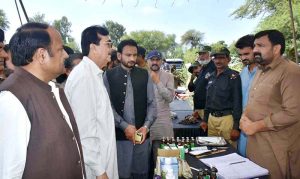 Chairman Senate Yusuf Raza Gilani addressing to media persons after reviewing facilities during his visit to a flood relief camp.