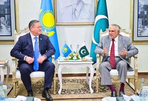 Deputy Prime Minister and Foreign Minister, Senator Mohammad Ishaq Dar, holds meeting with Deputy Prime Minister and Foreign Minister of Kazakhstan, Murat Nurtleu, at MoFA.