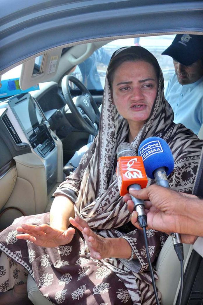 Punjab Senior Minister Marriyum Aurangzeb briefs media after inspecting flood-affected portions of the M-5 Motorway