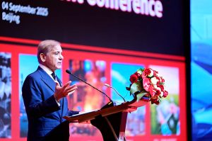 Prime Minister Muhammad Shehbaz Sharif addresses the closing ceremony of the 2nd Pakistan-China B2B Investment Conference