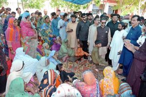 Chairman Senate Syed Yusuf Raza Gilani addressing to media persons after reviewing facilities during his visit to a flood relief camp at Sher Shah.