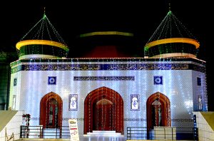 A beautifully illuminated view of Minhaj-ul-Quran Secretariat in connection with Eid Milad-un-Nabi (SAWW) celebrations