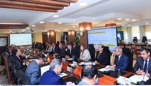 Federal Minister for Finance and Revenue, Senator Muhammad Aurangzeb, chairing a meeting of the Spectrum Advisory Committee at the Finance Division.