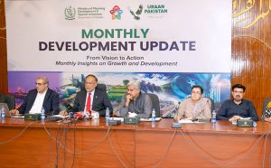 Federal Minister for Planning, Ahsan Iqbal, briefing the media at the launch of the Monthly Development Report.