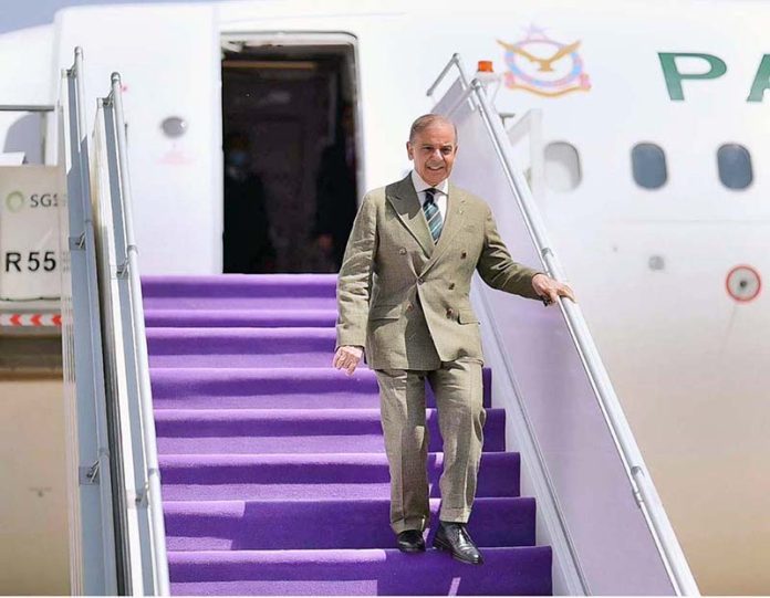 Deputy Governor of Riyadh, Muhammad bin Abdulrahman bin Abdulaziz welcomes Prime Minister Muhammad Shehbaz Sharif at the King Khalid Airport, as he arrives in Riyadh for his official visit of the Kingdom of Saudi Arabia