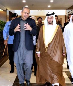 Federal Minister for Interior Mohsin Naqvi shakes hands with Sheikh Zayed bin Hamad Al Nahyan, Chairman of the UAE’s National Anti-Narcotics Authority