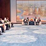President Asif Ali Zardari with First Lady Bibi Aseefa Bhutto Zardari and Chairman Bilawal Bhutto Zardari in a meeting with Shanghai CPC Secretary Chen Jining.