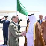 Deputy Governor of Riyadh, Muhammad bin Abdulrahman bin Abdulaziz welcomes Prime Minister Muhammad Shehbaz Sharif at the King Khalid Airport, as he arrives in Riyadh for his official visit of the Kingdom of Saudi Arabia