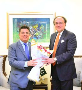 Dr. Ramez Alraee, Ambassador of the Syrian Arab Republic to Pakistan, meeting with Federal Minister for Finance and Revenue, Senator Muhammad Aurangzeb, at the Finance Division