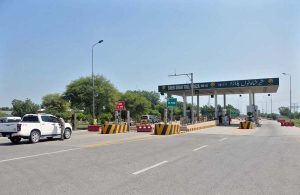 A view of Sher Shah Toll Plaza on the M-5 Motorway, which was closed for traffic from Multan to Jalalpur Pir Wala due to floodwater from the River Sutlej.