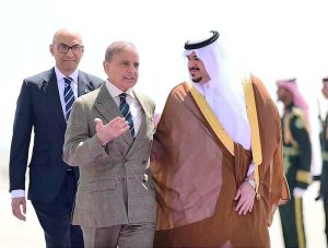 Deputy Governor of Riyadh, Muhammad bin Abdulrahman bin Abdulaziz welcomes Prime Minister Muhammad Shehbaz Sharif at the King Khalid Airport, as he arrives in Riyadh for his official visit of the Kingdom of Saudi Arabia