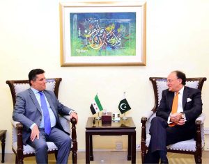 Federal Minister for Finance and Revenue, Senator Muhammad Aurangzeb, in a meeting with Dr. Ramez Alraee, Ambassador of the Syrian Arab Republic to Pakistan, at the Finance Division