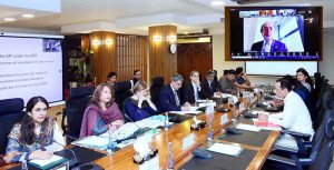 Federal Minister for Finance and Revenue, Senator Muhammad Aurangzeb virtually chairing a meeting of the Economic Coordination Committee (ECC) of the Cabinet held at Finance Division