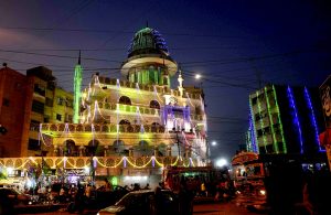 An eye attractive view of Tanzeel- ur- Rehman mosque decorated with colourful lights ahead of Eid Milad-un-Nabi