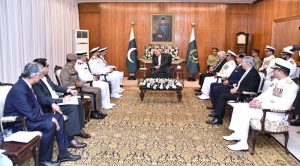 President Asif Ali Zardari in a meeting with Commander of the UAE Naval Forces, Staff Major General Humaid Abdulla Alremeithi, at Aiwan-e-Sadr.