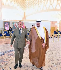 Deputy Governor of Riyadh, Muhammad bin Abdulrahman bin Abdulaziz welcomes Prime Minister Muhammad Shehbaz Sharif at the King Khalid Airport, as he arrives in Riyadh for his official visit of the Kingdom of Saudi Arabia