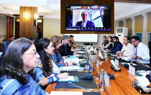 Federal Minister for Finance and Revenue, Senator Muhammad Aurangzeb virtually chairing a meeting of the Economic Coordination Committee (ECC) of the Cabinet held at Finance Division