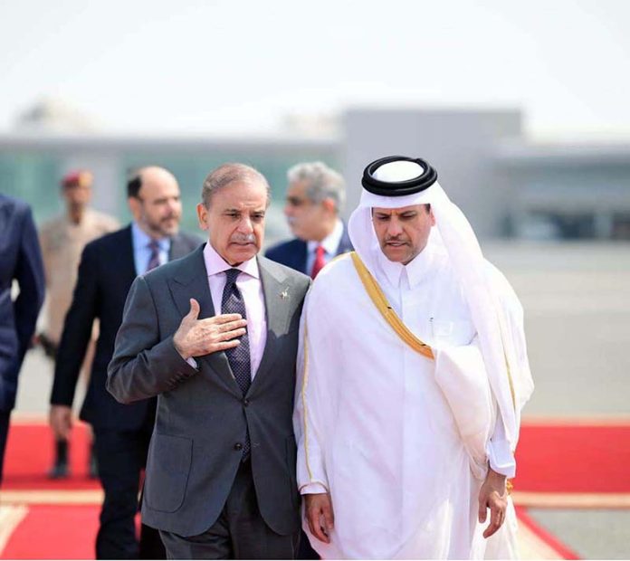 Prime Minister Muhammad Shehbaz Sharif departs from Doha for Islamabad after the completion of his one day official visit of Qatar. H.E. Sheikh Saoud bin Abdulrahman bin Hassan Al Thani, Deputy Prime Minister and Minister of State for Defence Affairs of Qatar seeing off Prime Minister at the Doha Airport
