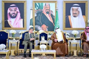 Deputy Governor of Riyadh H.E. Muhammad bin Abdulrahman bin Abdulaziz welcomes Prime Minister Muhammad Shehbaz Sharif at the King Khalid Airport, as he arrives in Riyadh for his official visit of the Kingdom of Saudi Arabia
