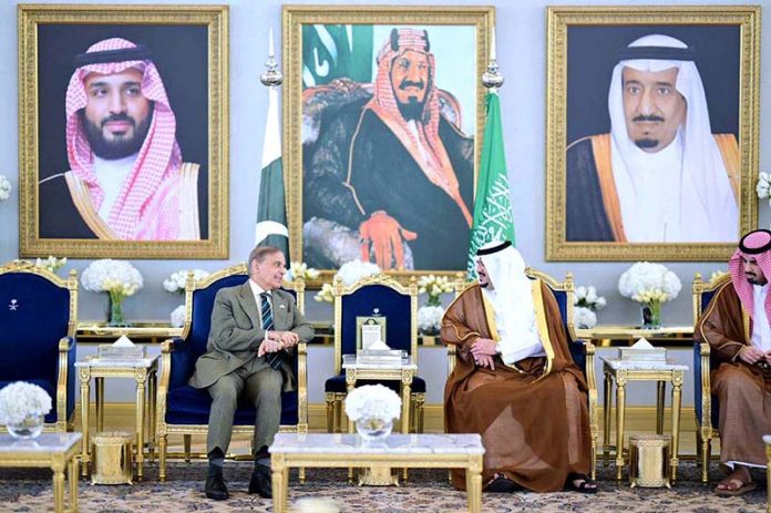 Deputy Governor of Riyadh H.E. Muhammad bin Abdulrahman bin Abdulaziz welcomes Prime Minister Muhammad Shehbaz Sharif at the King Khalid Airport, as he arrives in Riyadh for his official visit of the Kingdom of Saudi Arabia
