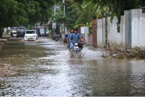 A view of Lyari River from the bridge during rainfall in the city