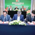President Asif Ali Zardari, with First Lady Bibi Aseefa Bhutto Zardari and Chairman PPP Bilawal Bhutto Zardari, witnesses the signing of a tripartite MoU for the construction of Shennong College, a vocational institute to train Pakistani farmers, signed by Longping High-Tech, Beijing Jialong Technology and ASM Services.