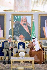 Deputy Governor of Riyadh H.E. Muhammad bin Abdulrahman bin Abdulaziz welcomes Prime Minister Muhammad Shehbaz Sharif at the King Khalid Airport, as he arrives in Riyadh for his official visit of the Kingdom of Saudi Arabia