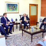 Raimundas Karoblis, the newly appointed Ambassador of the European Union to Pakistan, in a meeting with Federal Minister for Finance and Revenue, Senator Muhammad Aurangzeb, at the Finance Division