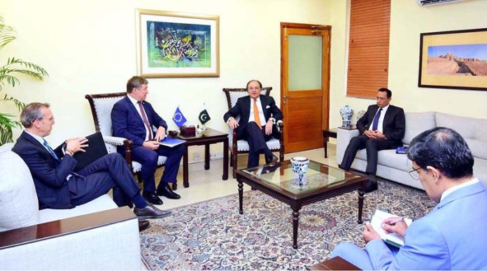 Raimundas Karoblis, the newly appointed Ambassador of the European Union to Pakistan, in a meeting with Federal Minister for Finance and Revenue, Senator Muhammad Aurangzeb, at the Finance Division