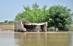 Residents transport goods on a boat through flooded streets after the River Sutlej overflowed, submerging residential and commercial areas.