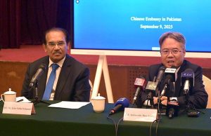 Chinese Ambassador Jiang Zaidong and Advisor to the Prime Minister, Zafar Uddin Mahmood, briefing the media on Prime Minister Shehbaz Sharif’s visit to China, the SCO Tianjin Summit, and the 80th anniversary of the victory in the World Anti-Fascist War.