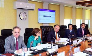 Federal Minister for Finance and Revenue, Senator Muhammad Aurangzeb, presiding over the meeting of the Economic Coordination Committee (ECC) of the Cabinet at the Finance Division