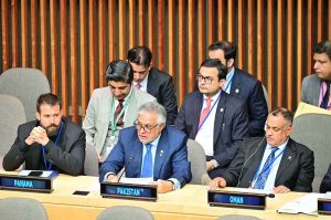 Deputy Prime Minister and Foreign Minister Senator Mohammad Ishaq Dar delivers statement at the “First Biennial Summit for a Sustainable, Inclusive & Resilient Global Economy” at the UN