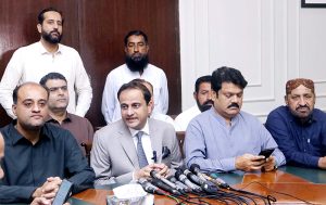 Karachi Mayor Barrister Murtaza Wahab addressing press conference at KMC Head office.
