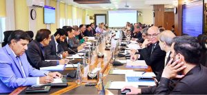 A view of Federal Minister for Finance and Revenue, Senator Muhammad Aurangzeb, chairing the Economic Coordination Committee (ECC) meeting of the Cabinet at the Finance Division