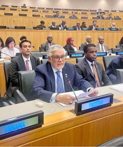Deputy Prime Minister and Foreign Minister Senator Mohammad Ishaq Dar delivers statement at the “First Biennial Summit for a Sustainable, Inclusive & Resilient Global Economy” at the UN