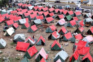 A general view of a makeshift relief camp set up for flood-affected victims on the outskirts of the Provincial Capital.
