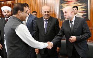 Speaker National Assembly Sardar Ayaz Sadiq receiving the Advisor to the President of Palestine on Religious Affairs & Chief Justice of the Shariat Court Mr. Mahmoud Siddiqi Alhabash at Parliament House