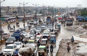A view heavy traffic on Super High Way during rain that experienced in the city.