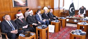 Speaker National Assembly Sardar Ayaz Sadiq in a meeting with Advisor to the President of Palestine on Religious Affairs & Chief Justice of the Shariat Court Mr. Mahmoud Siddiqi Alhabash at Parliament House