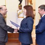 H.E. Mrs. Eleni Porichi, Ambassador-designate of the Hellenic Republic (Greece); H.E. Mr. Raimundas Karobalis, Ambassador-designate of the European Union; and H.E. Dr. Zoltan Varga, Ambassador-designate of the Republic of Hungary, presenting their credentials to President Asif Ali Zardari at Aiwan-e-Sadr