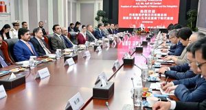 President Asif Ali Zardari, along with First Lady Bibi Aseefa Bhutto Zardari, Chairman PPP Bilawal Bhutto Zardari, Senator Saleem Mandviwalla, Sindh Minister for Information & Transport Sharjeel Inam Memon, and Sindh Minister for P&D and Energy Syed Nasir Hussain Shah, attending a briefing at Shanghai Electric.